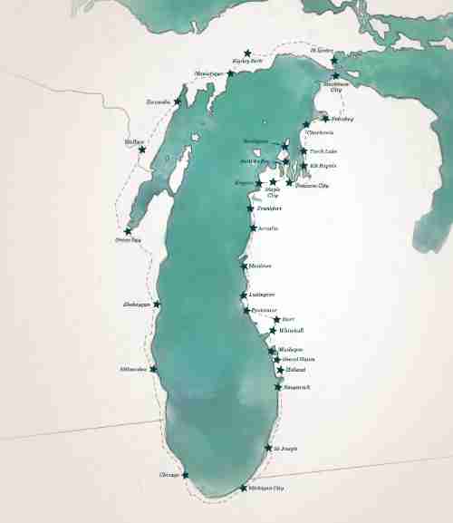 Travis' route is mapped out around the coast of Lake Michigan. Locations are called out by stars: Holland, Grand Haven, Muskegon, Whitehall, Hart, Pentwater, Ludington, Manistee, Arcadia, Frankfort, Empire, Maple City, Sutons Bay, Northport, Traverse City, Elk Rapids, Torch Lake, Charlevoix, Petoskey, Mackinaw City, St Ignace, Blaney Park, Manistique, Escanabe, Wallace, Green Bay WI, Sheboygan WI, Milwaukee WI, Chicago IL, Michigan City IN, St Joseph, and Saugatuck 